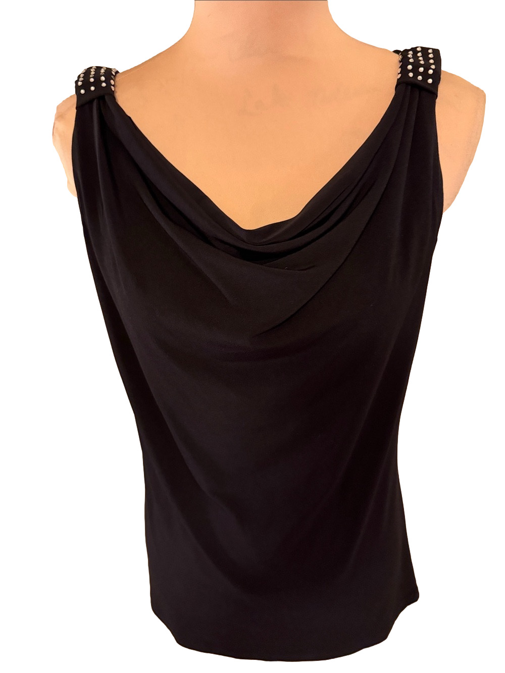 Vintage Suzie Black Cowl Neck Tank with Studded Shoulder Accents